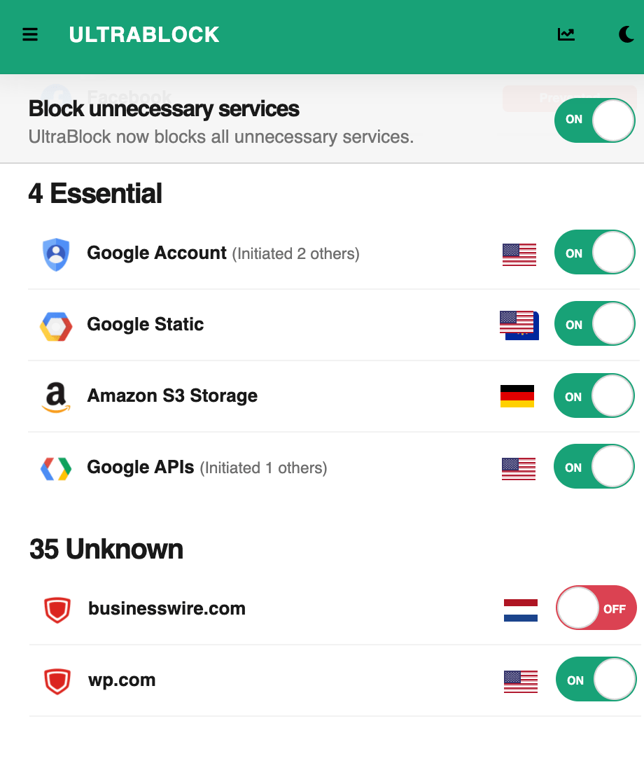 UltraBlock turns services on and off